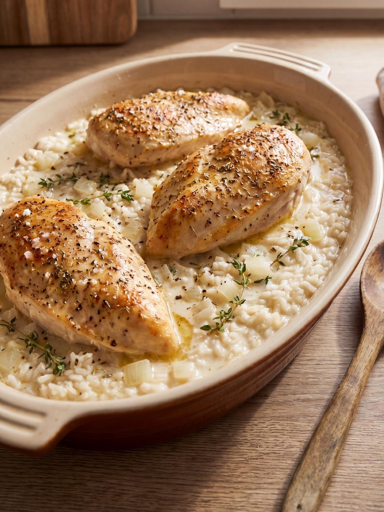 Three large seasoned chicken breasts arranged on top of a creamy rice mixture inside an oval brown ceramic baking dish