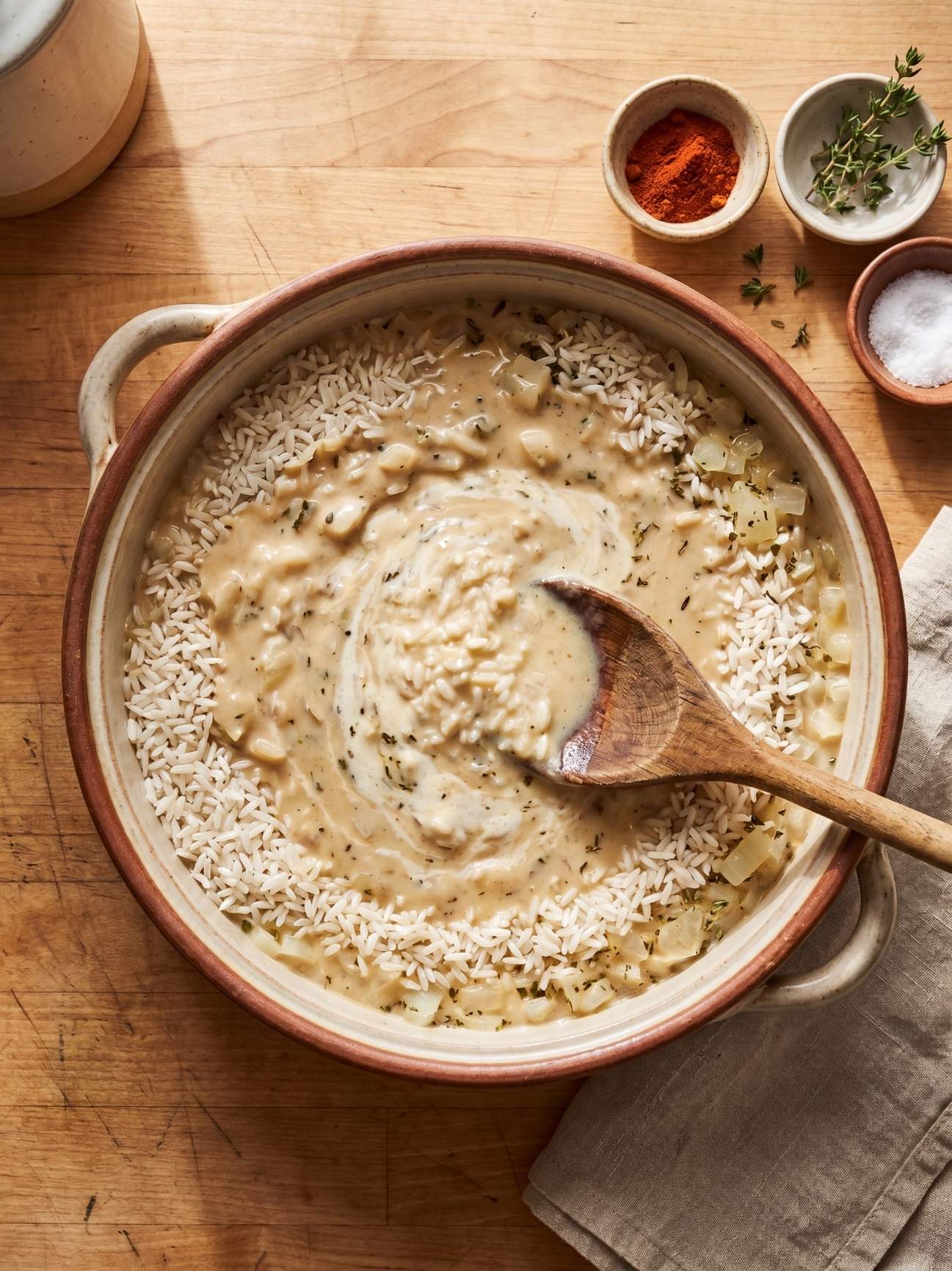 Overhead view of a wooden spoon stirring uncooked long grain white rice into a creamy brown herb sauce inside a round ceramic baking dish