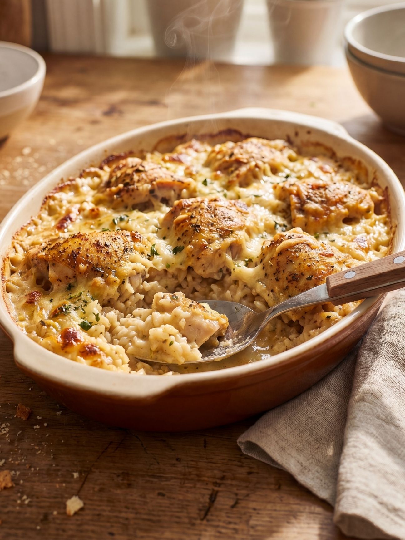 A spoon scooping a portion of cooked chicken and creamy rice from a golden brown casserole dish fresh from the oven