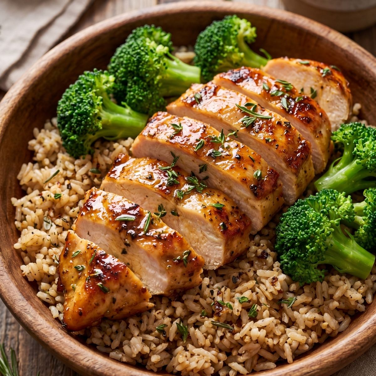 Slices of seasoned grilled chicken breast arranged over a bed of brown rice with fresh green broccoli florets served in a wooden bowl