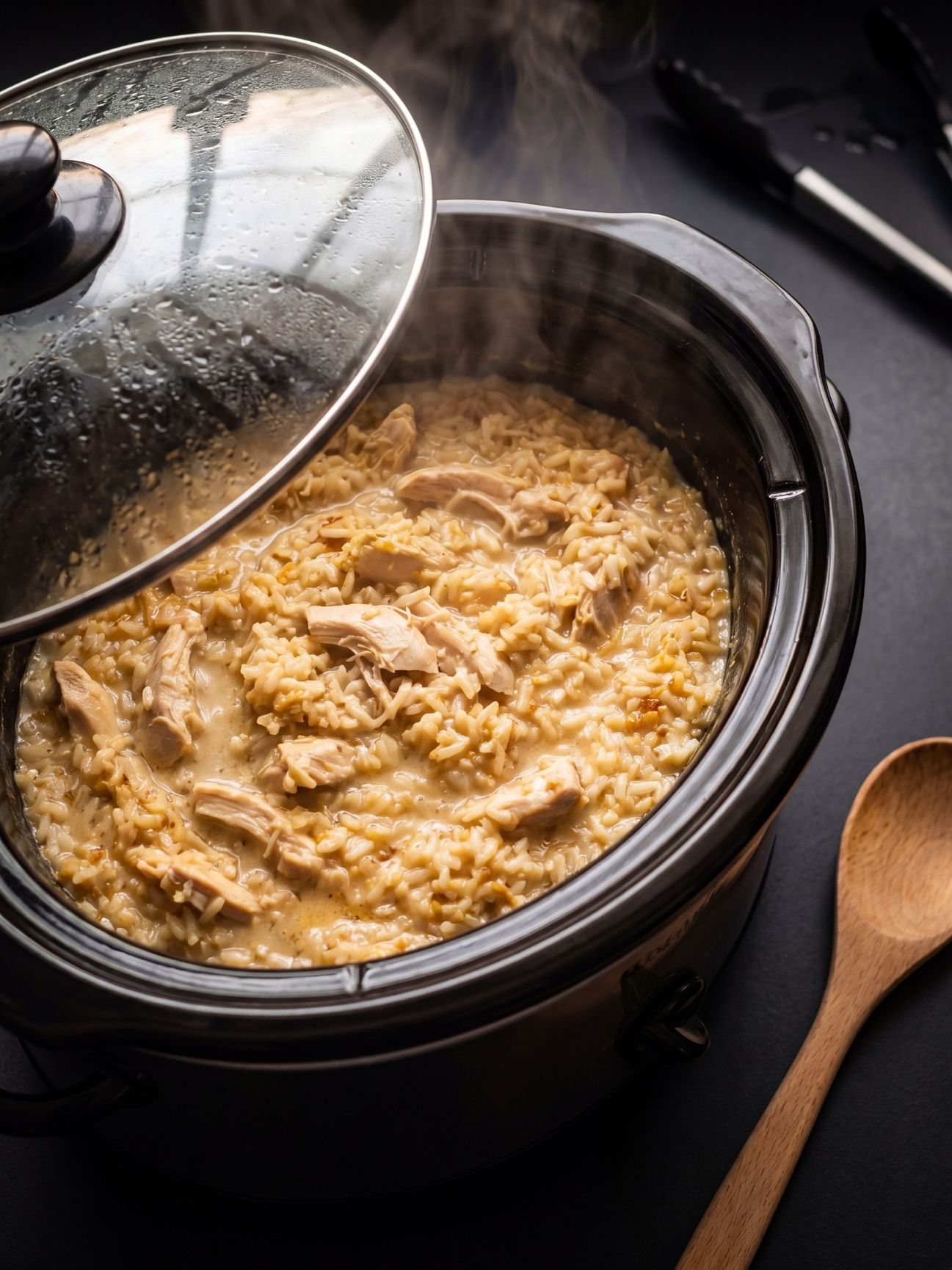Steaming hot cooked chicken and brown rice mixture inside a slow cooker with the glass lid slightly tilted open