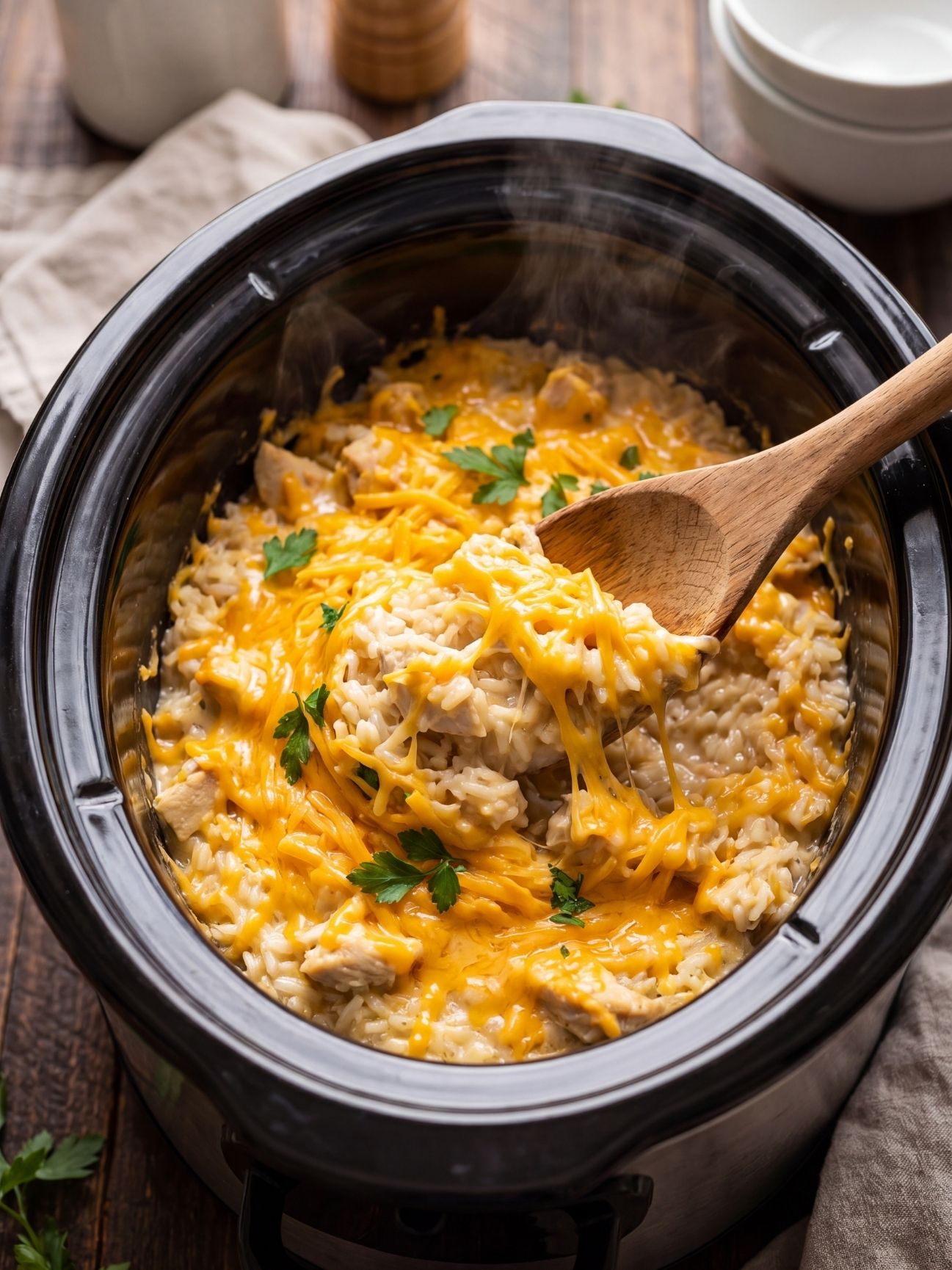 Shredded cheddar cheese melting over a warm chicken and brown rice bake inside a crockpot with a wooden spoon lifting a portion