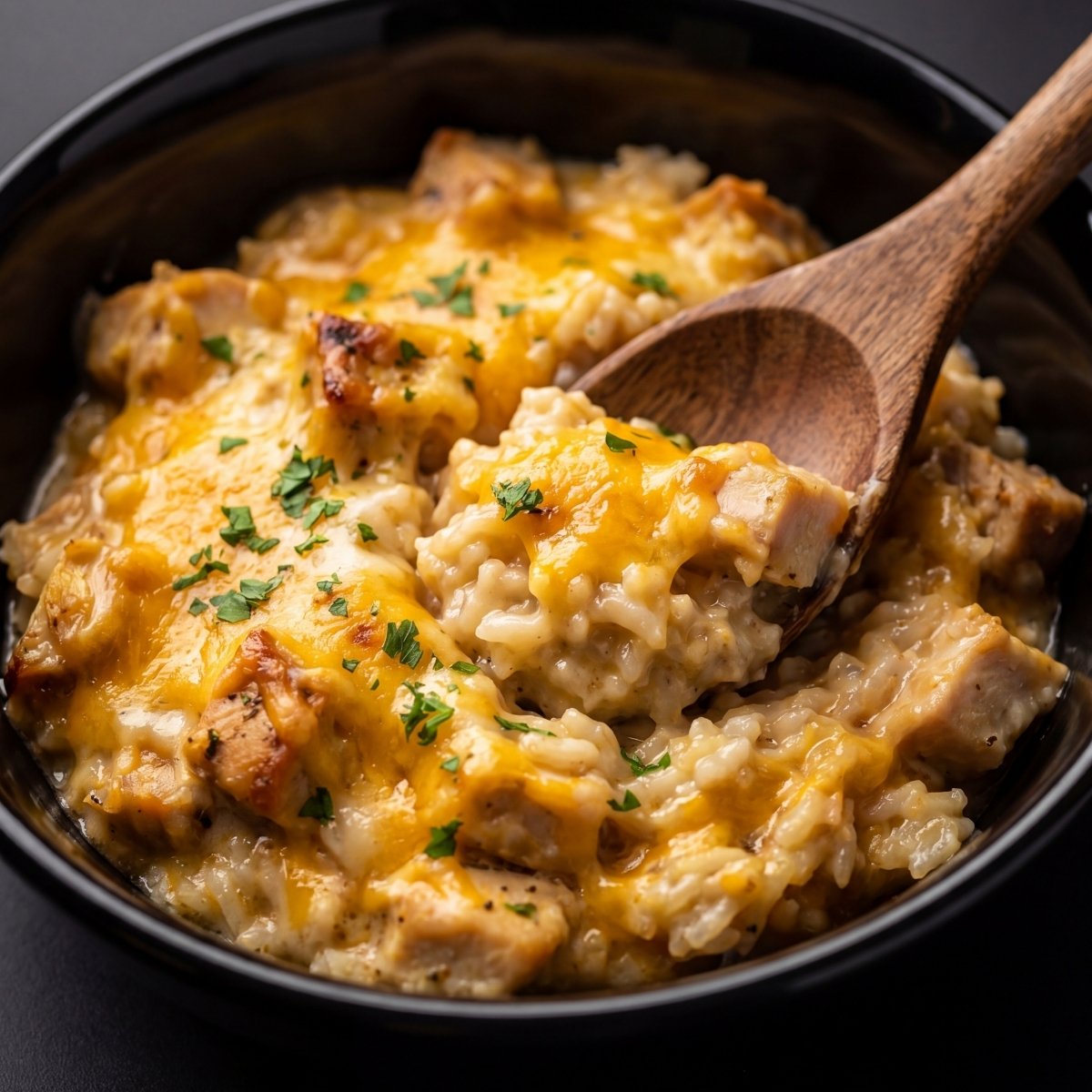 Creamy chicken and brown rice casserole topped with melted cheddar cheese and fresh parsley served in a black bowl with a wooden spoon