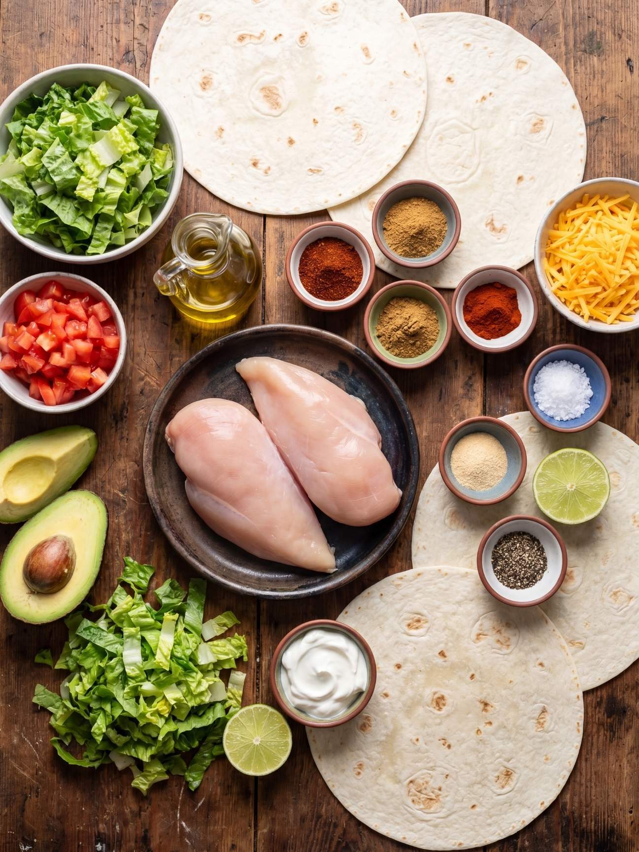 Top down view of ingredients for chicken wraps including raw chicken breasts, tortillas, diced tomatoes, sliced avocado, lettuce, and various spices on a wooden table.