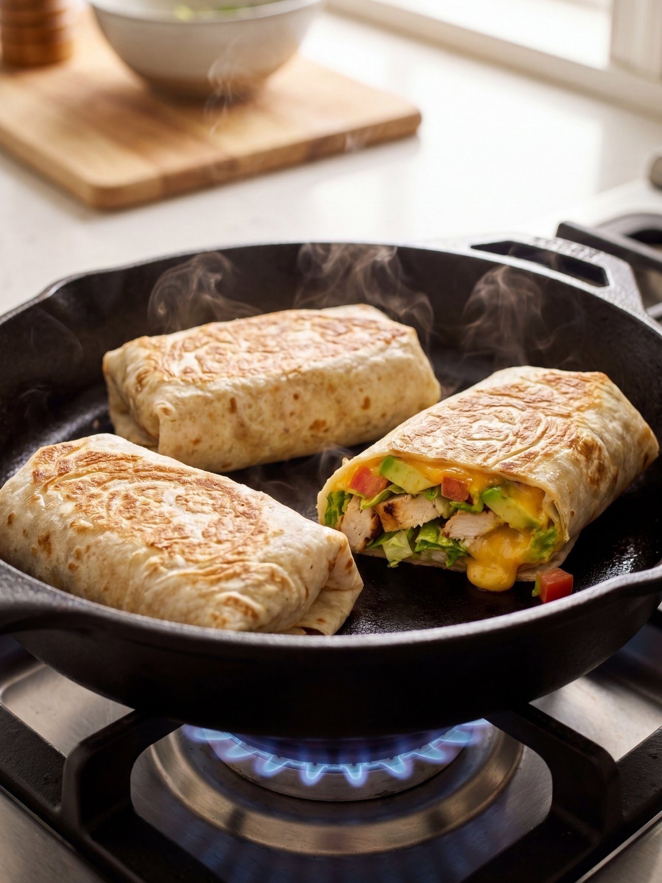 Three chicken wraps browning in a cast iron skillet with one wrap sliced open to show the melted cheese and chicken filling.