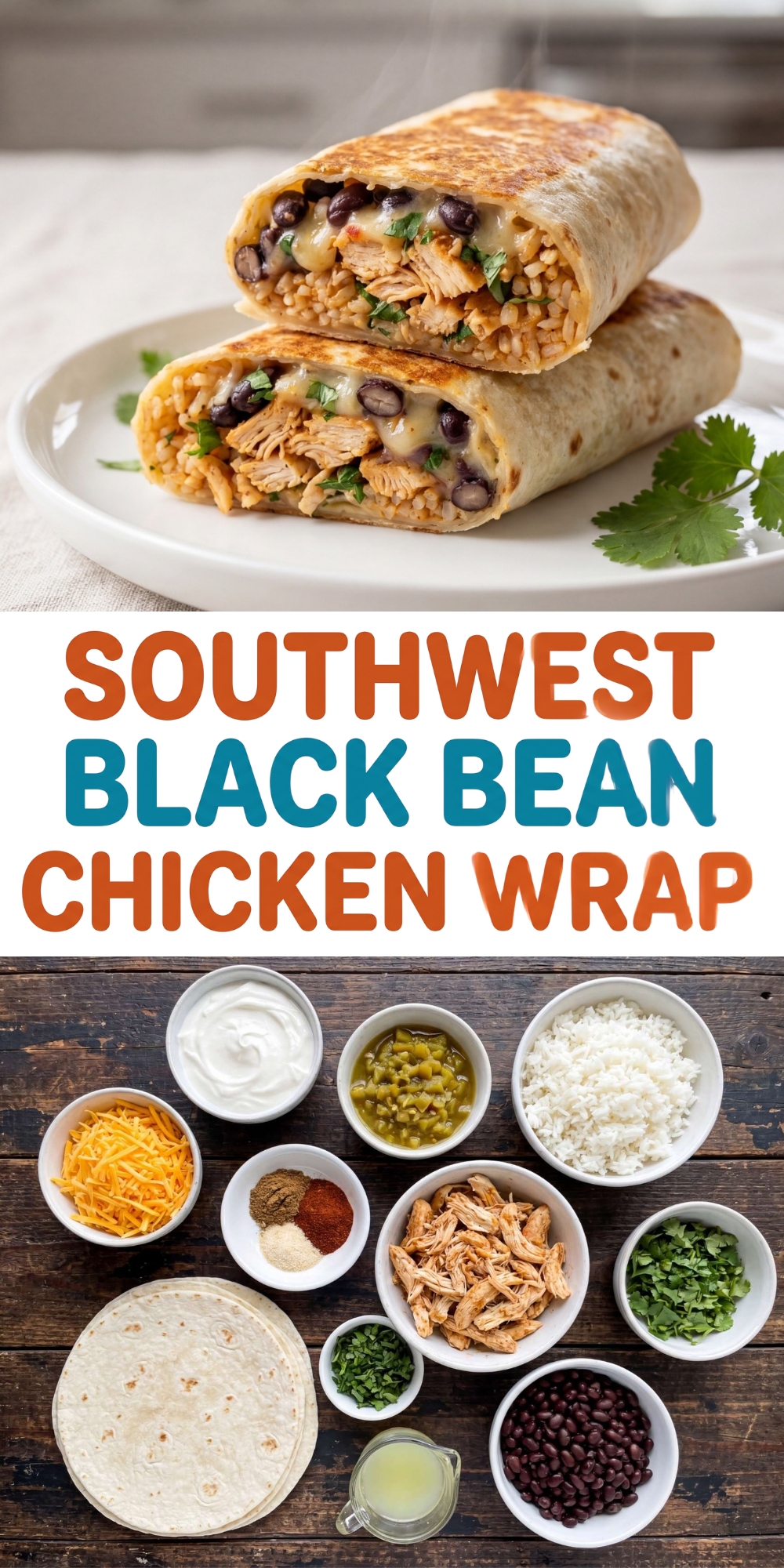 Graphic pin featuring a stacked southwest black bean chicken wrap on a plate at the top and raw wrap ingredients in bowls at the bottom with bold text in the middle