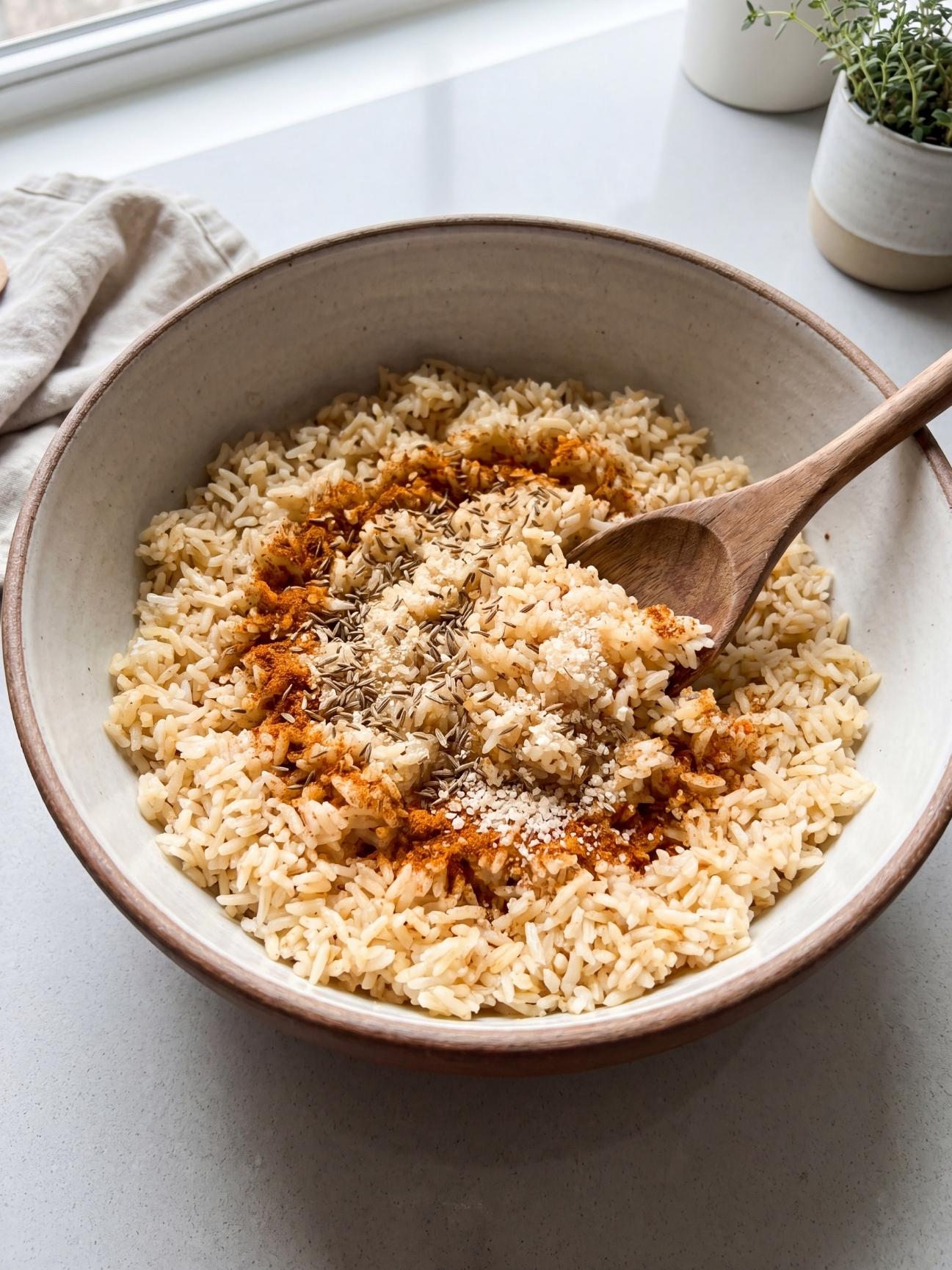 A wooden spoon stirring chili powder, cumin, garlic salt, and whole cumin seeds into a large ceramic bowl of cooked white rice