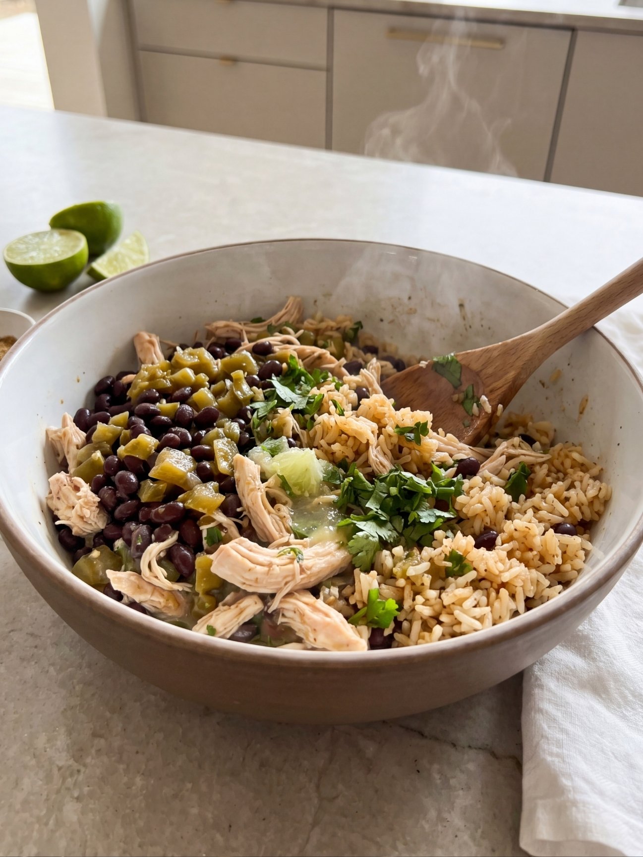 Shredded chicken, black beans, green chilies, and fresh cilantro being tossed together with seasoned white rice in a large ceramic bowl