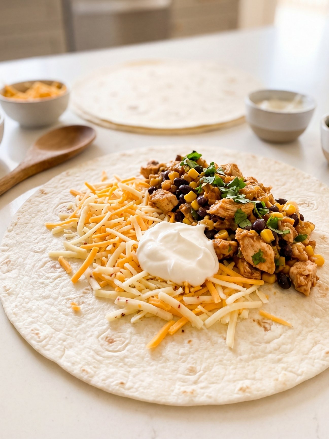 A large flour tortilla flat on a counter topped with shredded cheese, a dollop of sour cream, and a scoop of chicken, corn, and black bean filling
