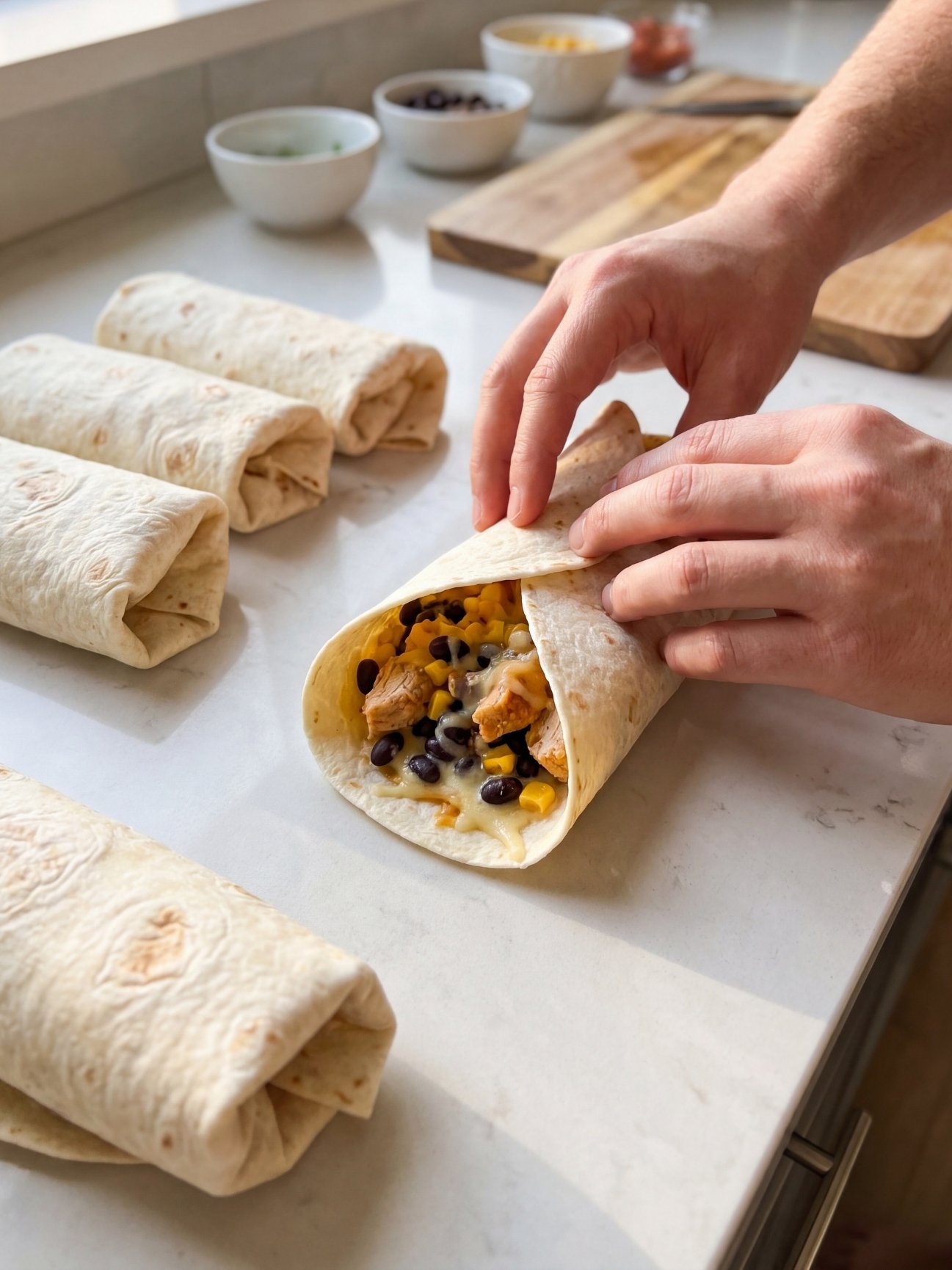 A person using both hands to fold and roll a large flour tortilla filled with black beans, corn, chicken, and melted cheese on a white counter