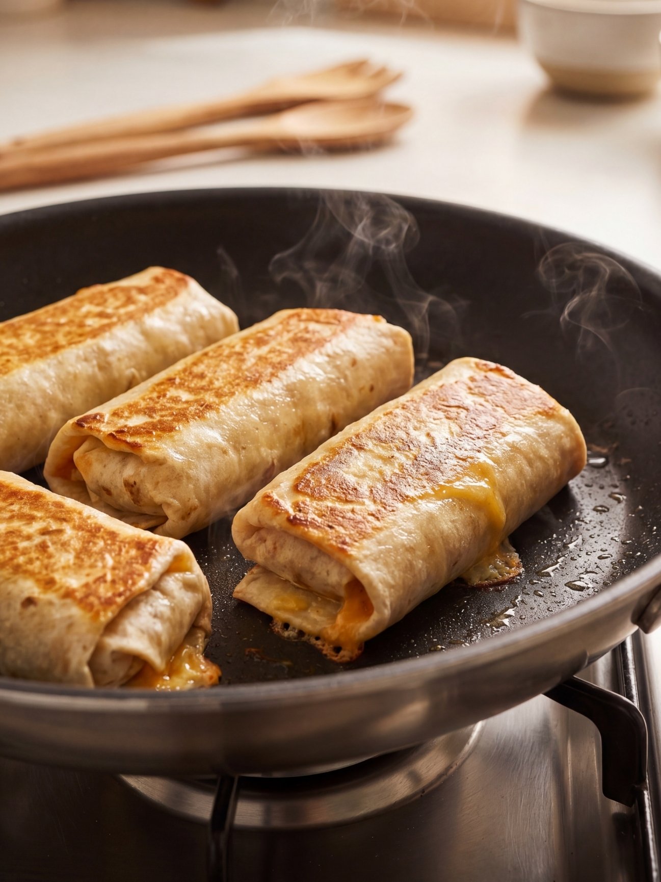 Four southwest black bean chicken wraps frying side by side in a hot nonstick skillet with steam rising and melted cheese oozing out the sides