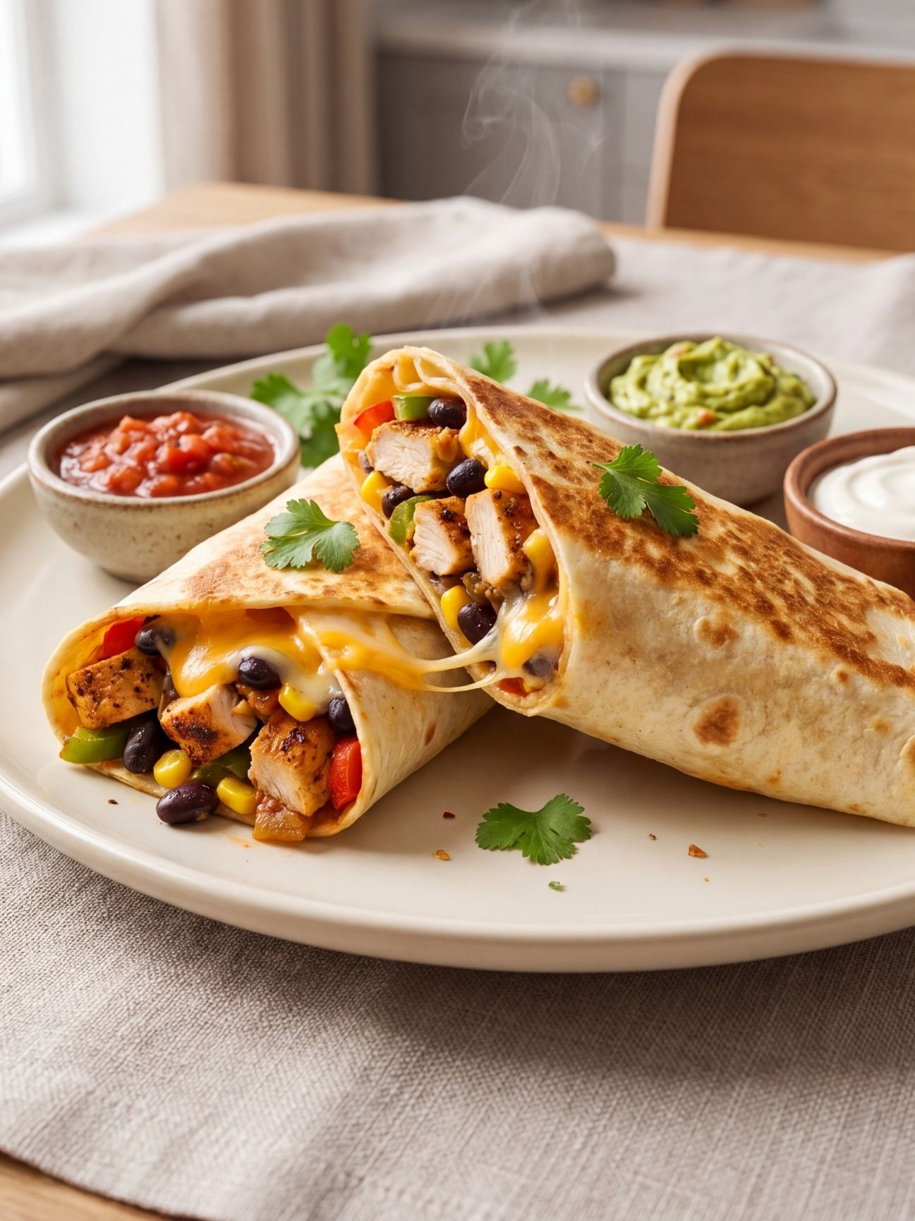 Two diagonally cut halves of a toasted southwest chicken wrap on a white plate served with small side bowls of red salsa, guacamole, and sour cream