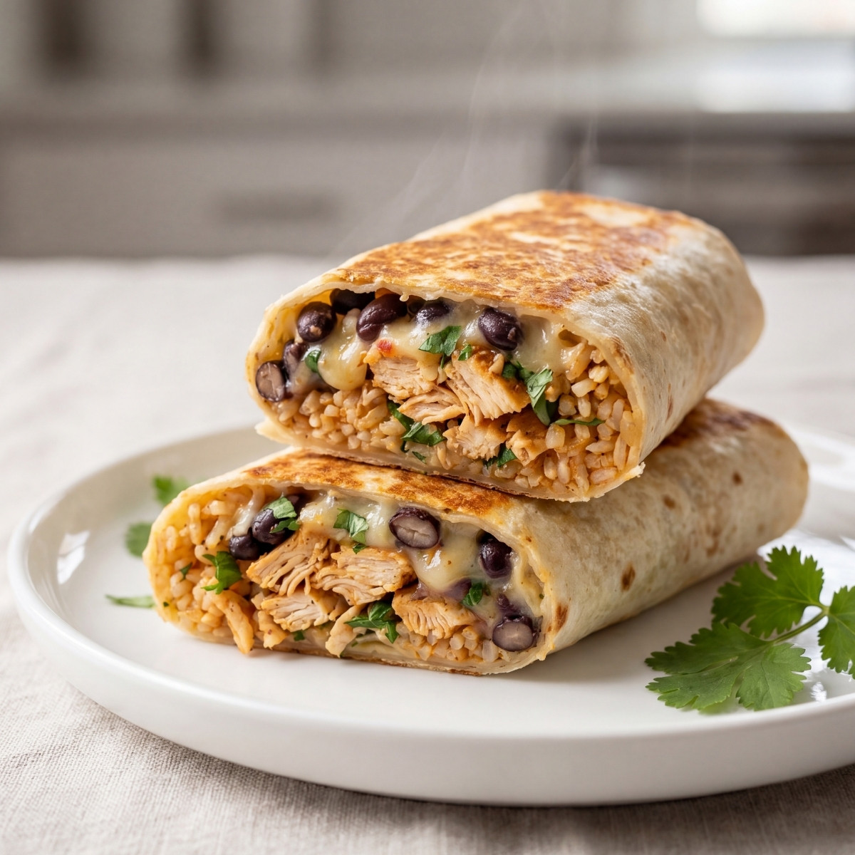 Two halves of a crispy grilled southwest black bean chicken wrap stacked on a white plate showing a filling of chicken, rice, black beans, and melted cheese
