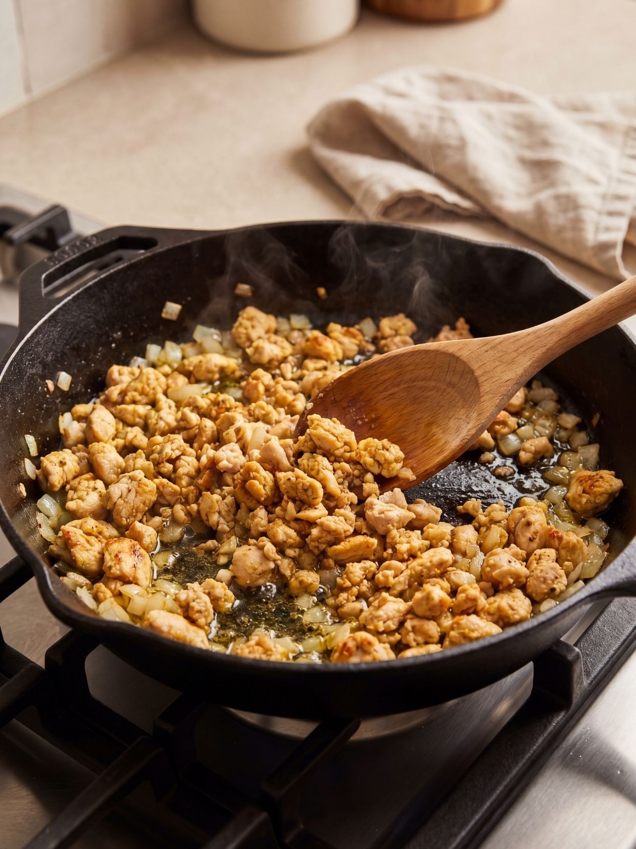 Ground chicken and diced onions browning in a hot cast iron skillet being stirred with a wooden spoon