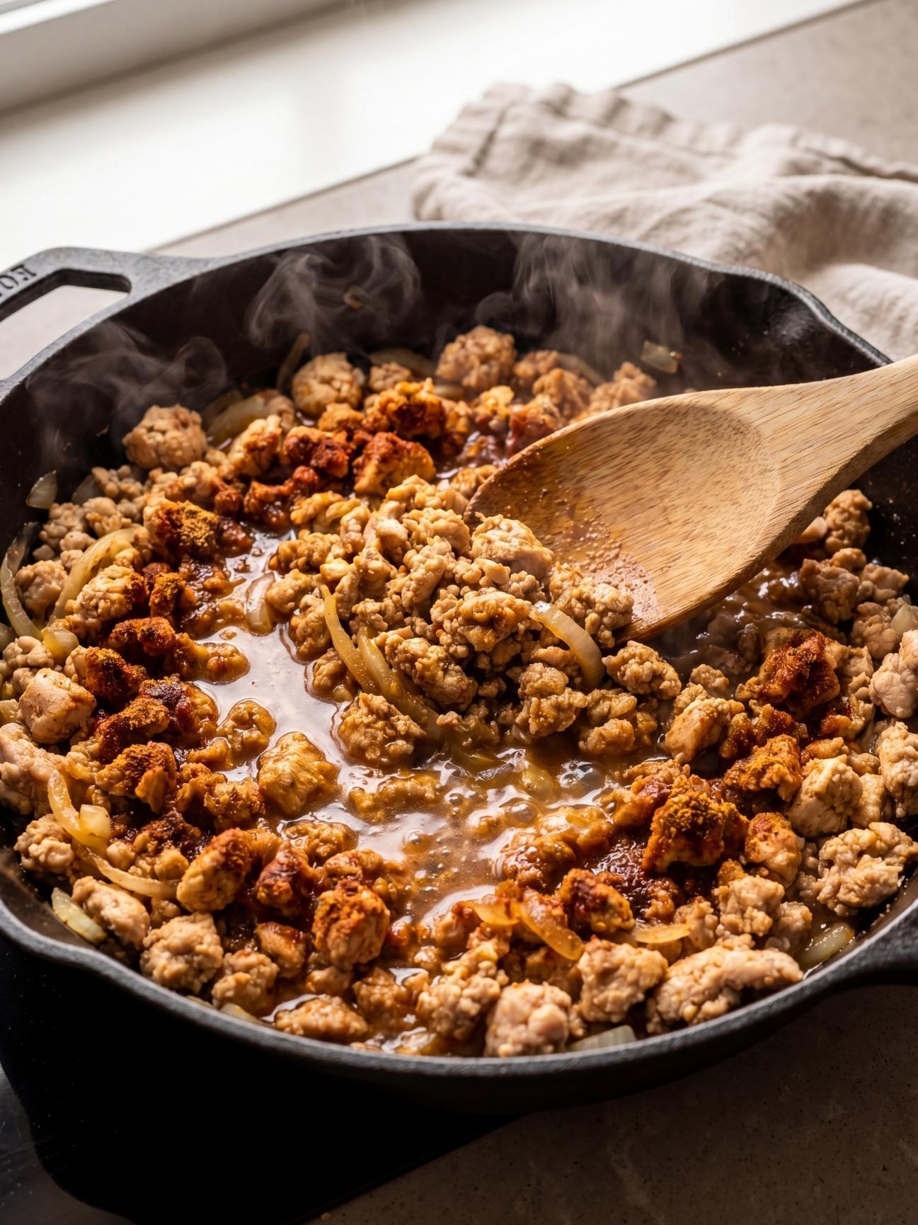 Seasoned ground chicken simmering with spices and onions in a cast iron skillet with steam rising