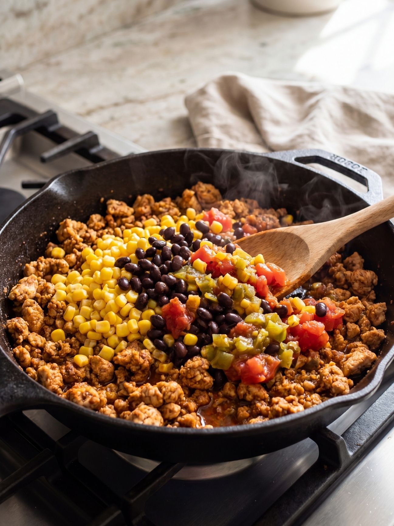 Black beans, corn, and diced tomatoes being stirred into seasoned ground chicken inside a cast iron skillet