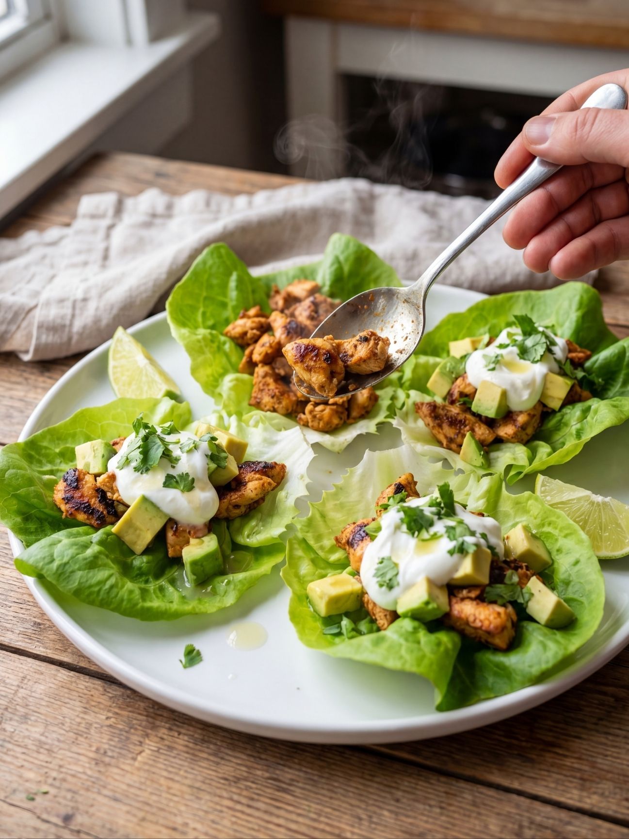 A hand using a spoon to scoop seasoned chicken mixture into fresh green lettuce cups topped with avocado and yogurt on a white plate