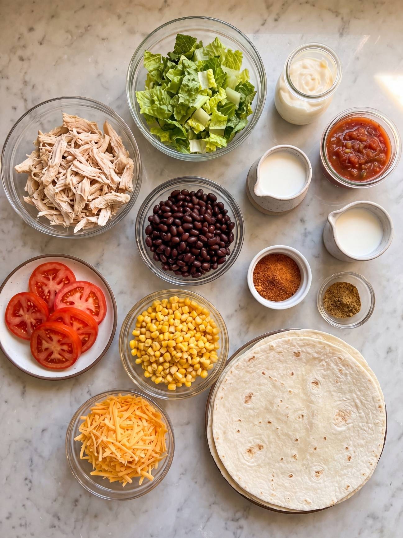 Top down view of ingredients for southwest chicken wraps including tortillas, shredded chicken, black beans, corn, tomatoes, lettuce, and sauce ingredients in glass bowls