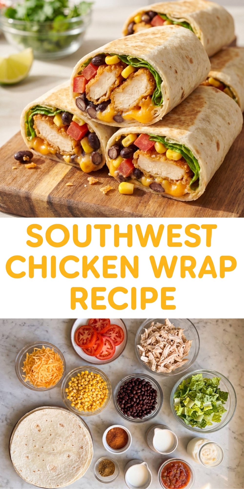 Pinterest graphic with a stack of southwest chicken wraps on top and ingredient bowls on the bottom with the text Southwest Chicken Wrap Recipe in the center