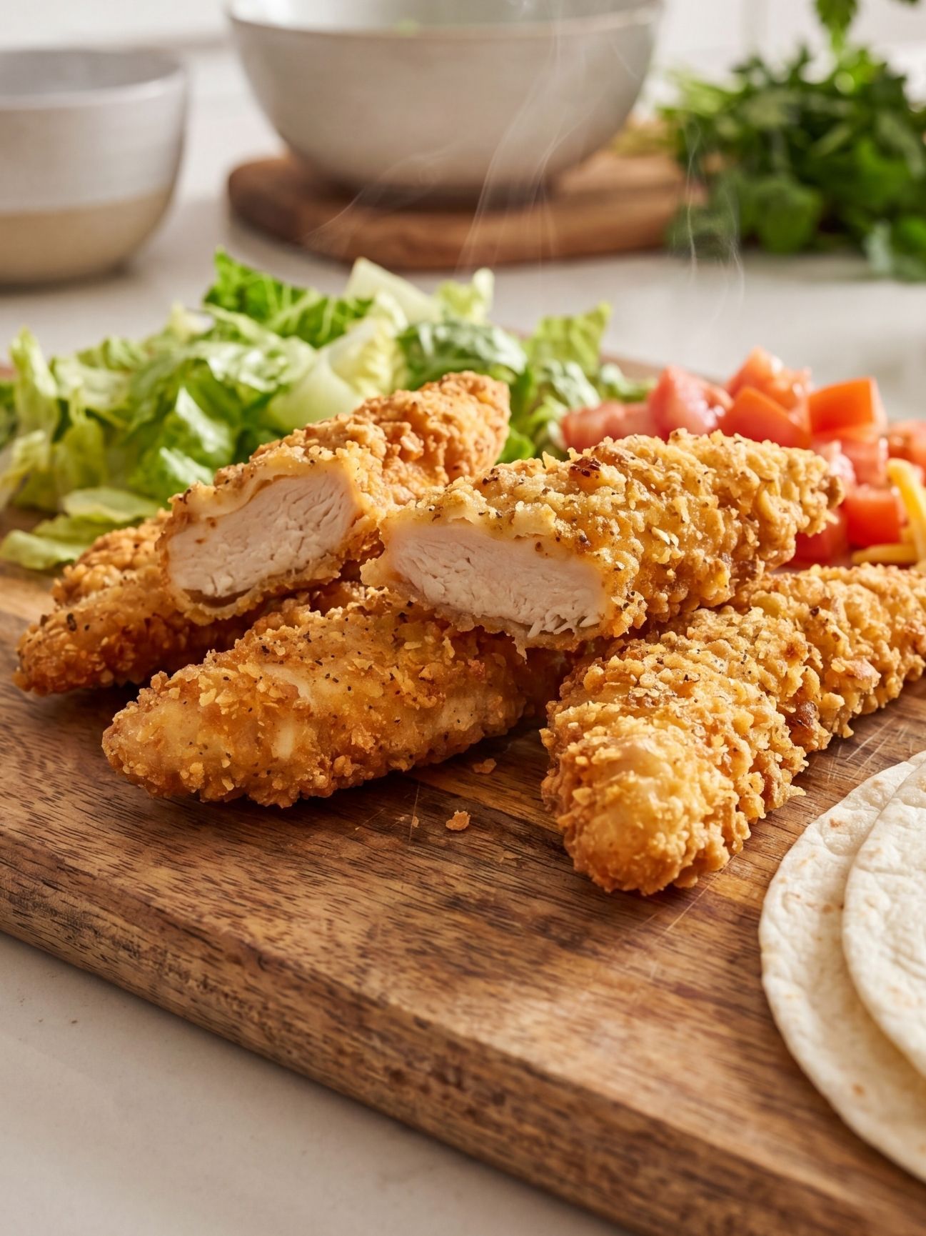 Sliced crispy breaded chicken strips on a wooden cutting board with lettuce and tomatoes in the background