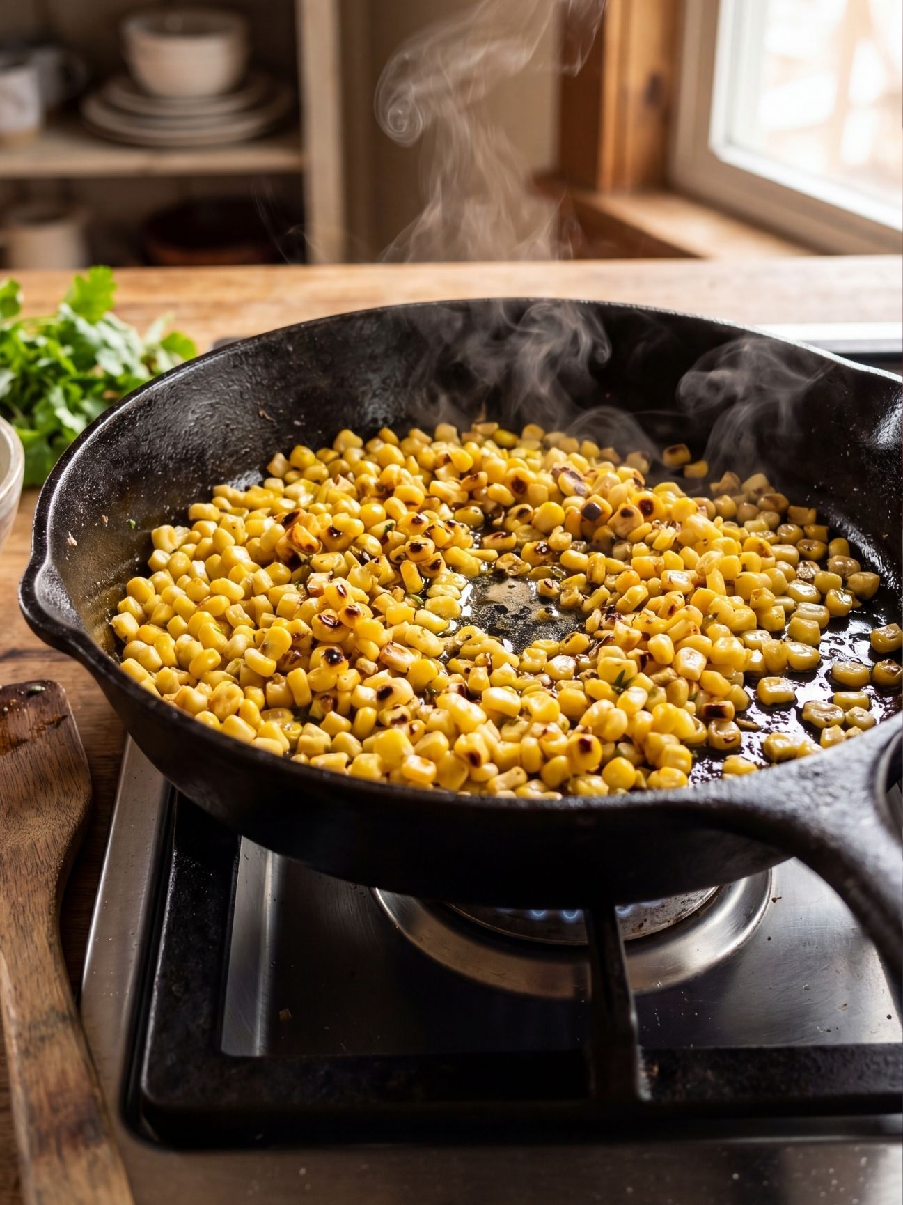 Yellow corn kernels being charred in a black cast iron skillet on a stovetop with steam rising