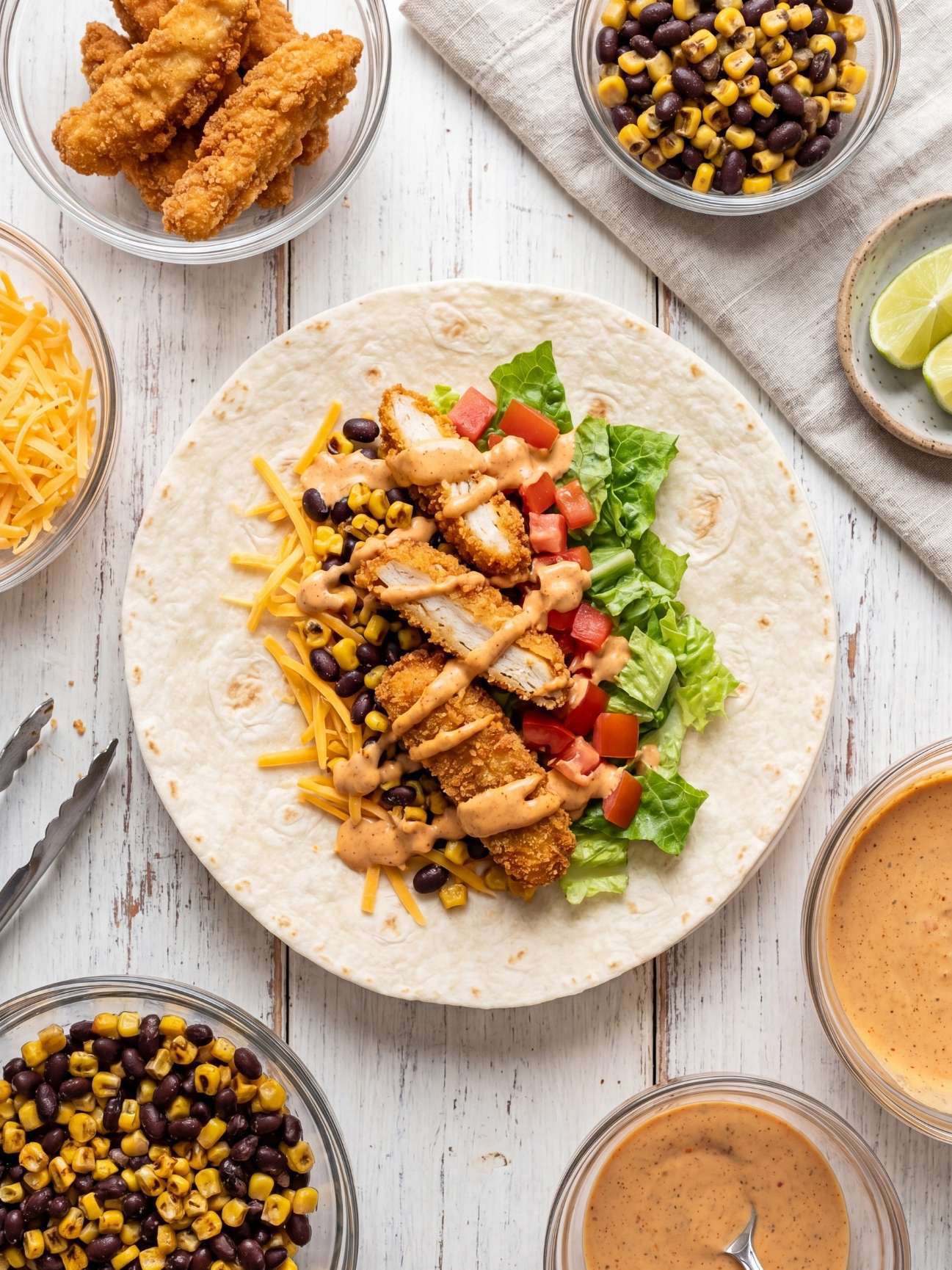 A flat flour tortilla topped with lettuce, tomatoes, black beans, corn, shredded cheese, and crispy chicken strips drizzled with sauce