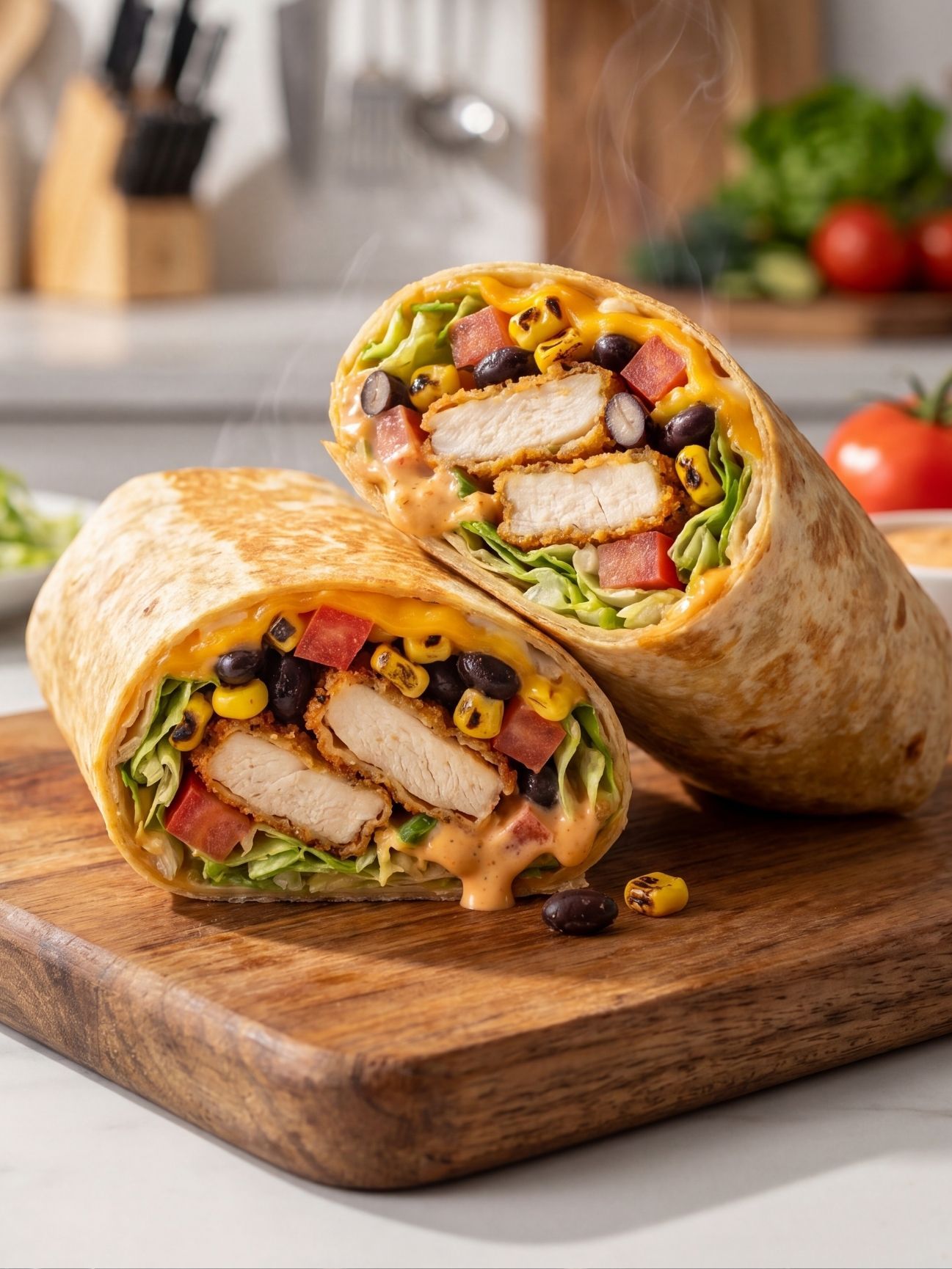 Two halves of a southwest chicken wrap showing the colorful interior layers of chicken, beans, corn, and creamy sauce on a wooden board