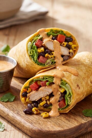 Two halved Southwest chicken wraps filled with grilled chicken, black beans, corn, tomatoes, and lettuce, drizzled with a creamy orange sauce on a wooden cutting board.