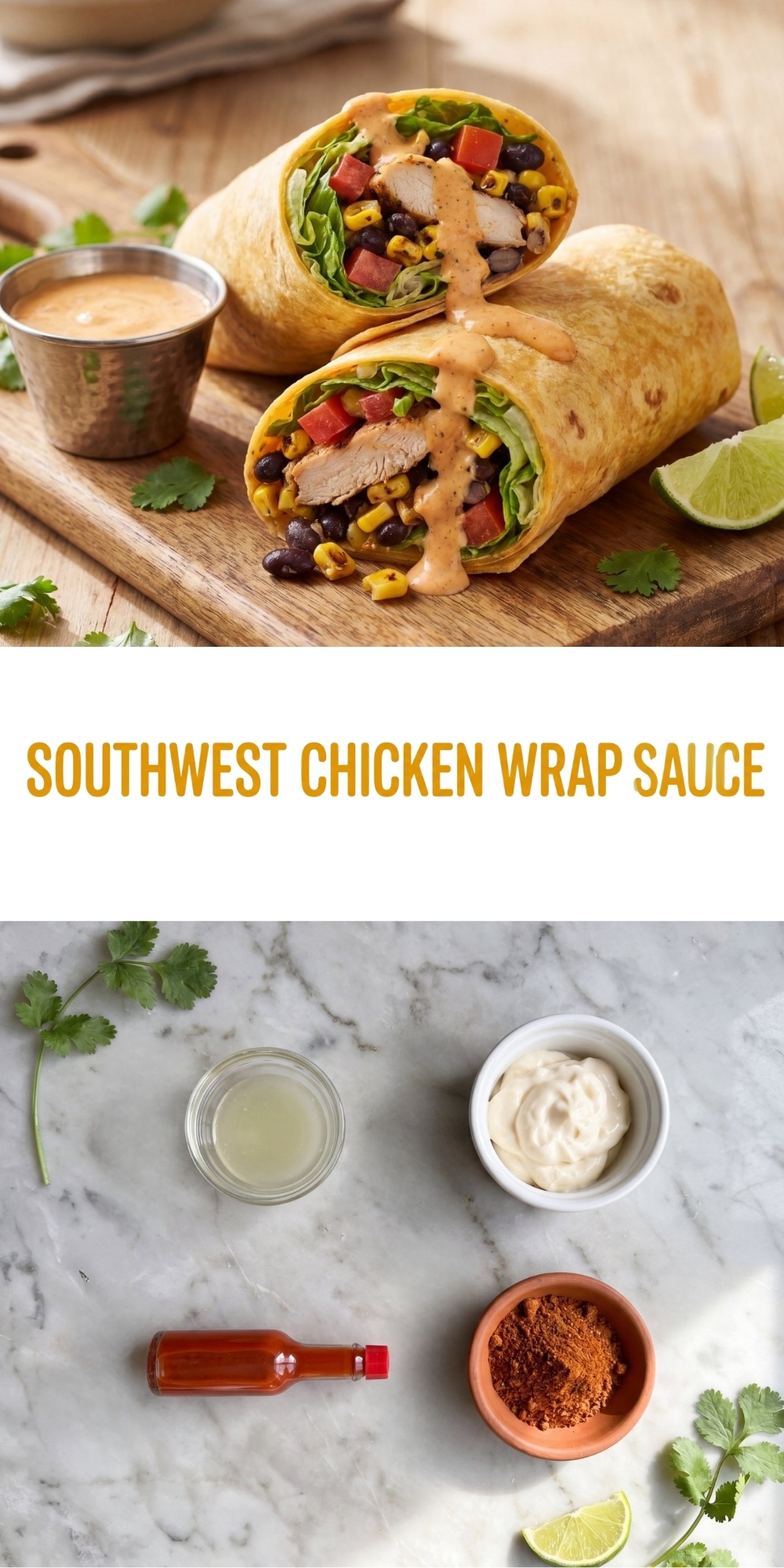A Pinterest pin layout featuring a Southwest chicken wrap on a wooden board at the top, the text Southwest Chicken Wrap Sauce in the center, and sauce ingredients on a marble background at the bottom.