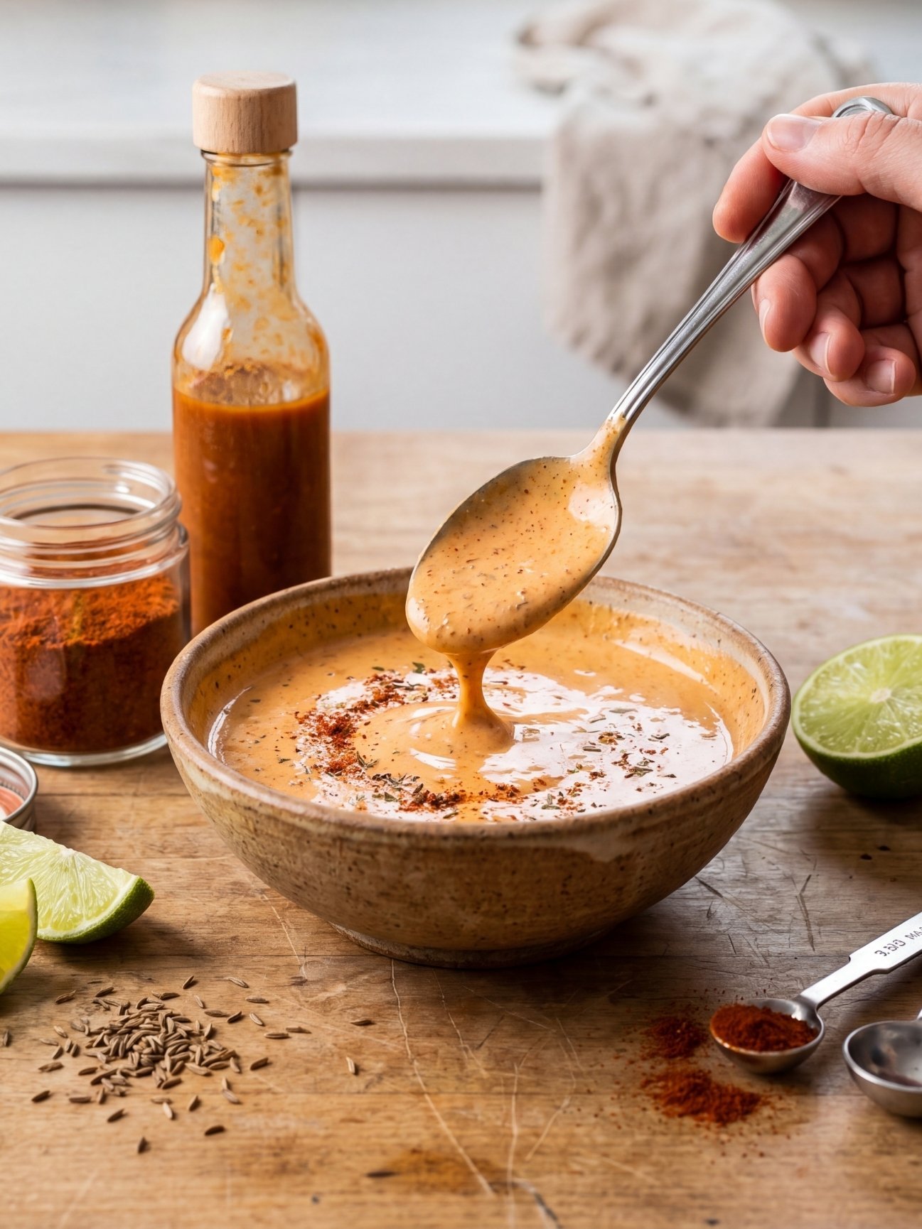 A hand holding a silver spoon lifting a smooth, creamy orange sauce from a bowl, with a small bottle of hot sauce and a jar of spices in the background.