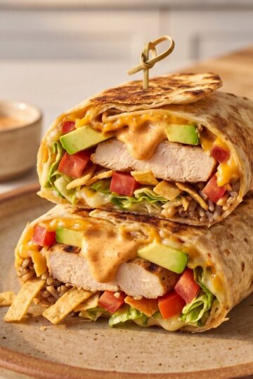 Two halves of a Southwest chipotle chicken wrap stacked on top of each other on a plate, showing a filling of chicken, avocado slices, diced tomatoes, shredded lettuce, cheese, crunchy tortilla strips, and creamy sauce.
