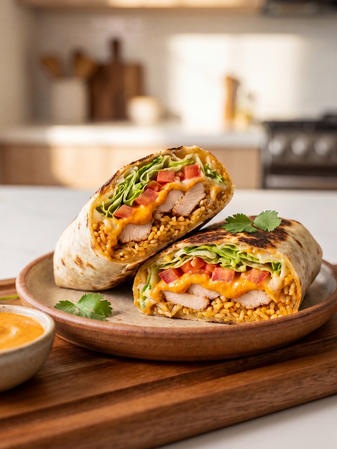 Two halves of a toasted Southwest chipotle chicken wrap stacked on a ceramic plate, displaying a colorful filling of seasoned chicken, rice, tomatoes, shredded lettuce, and melted cheese, with a small bowl of sauce on the side.