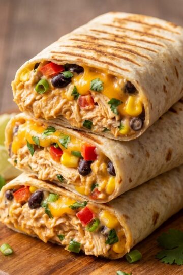 A stack of three sliced Southwest cream cheese chicken wraps showing the creamy chicken filling with corn and black beans on a wooden board.