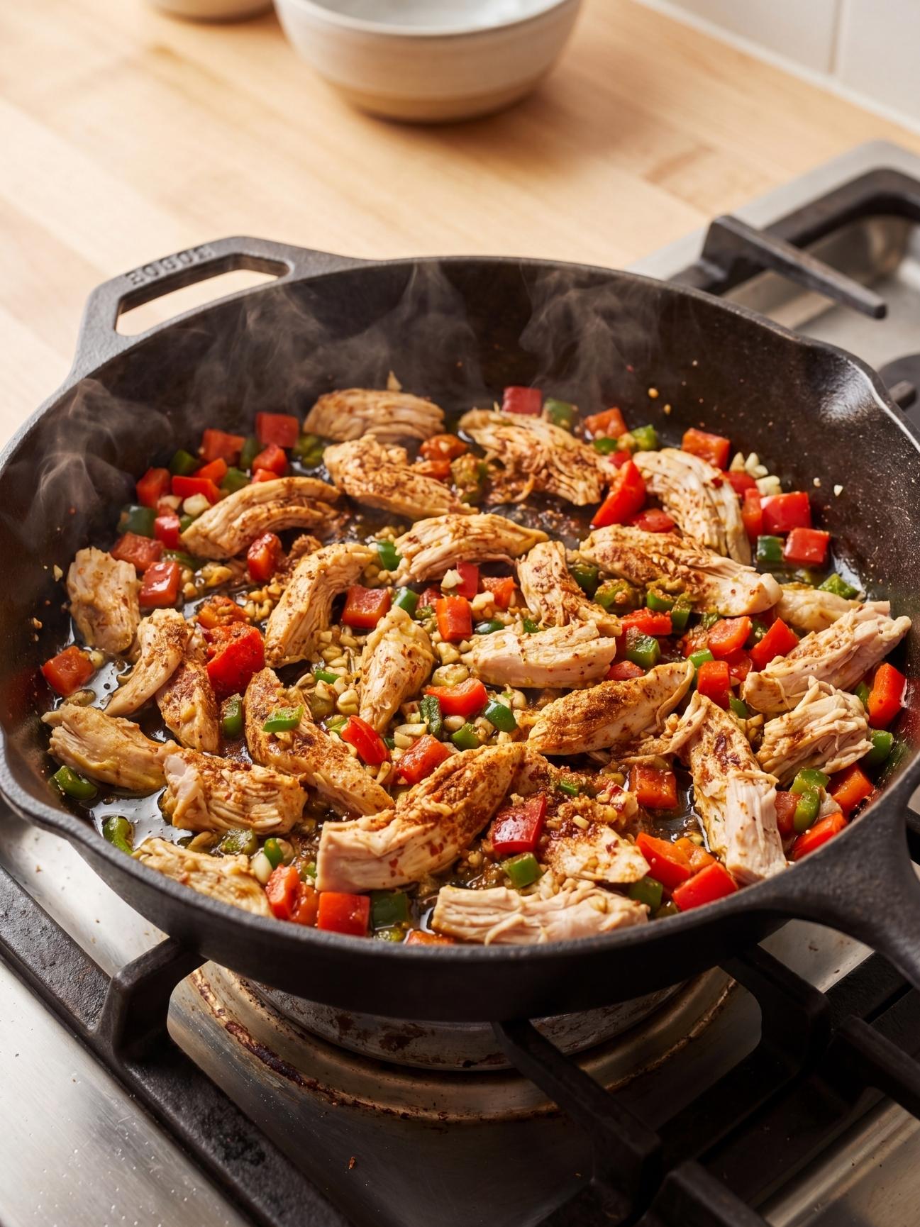 Cooked shredded chicken, diced red bell peppers, and green jalapenos simmering with seasonings in a black cast iron skillet.