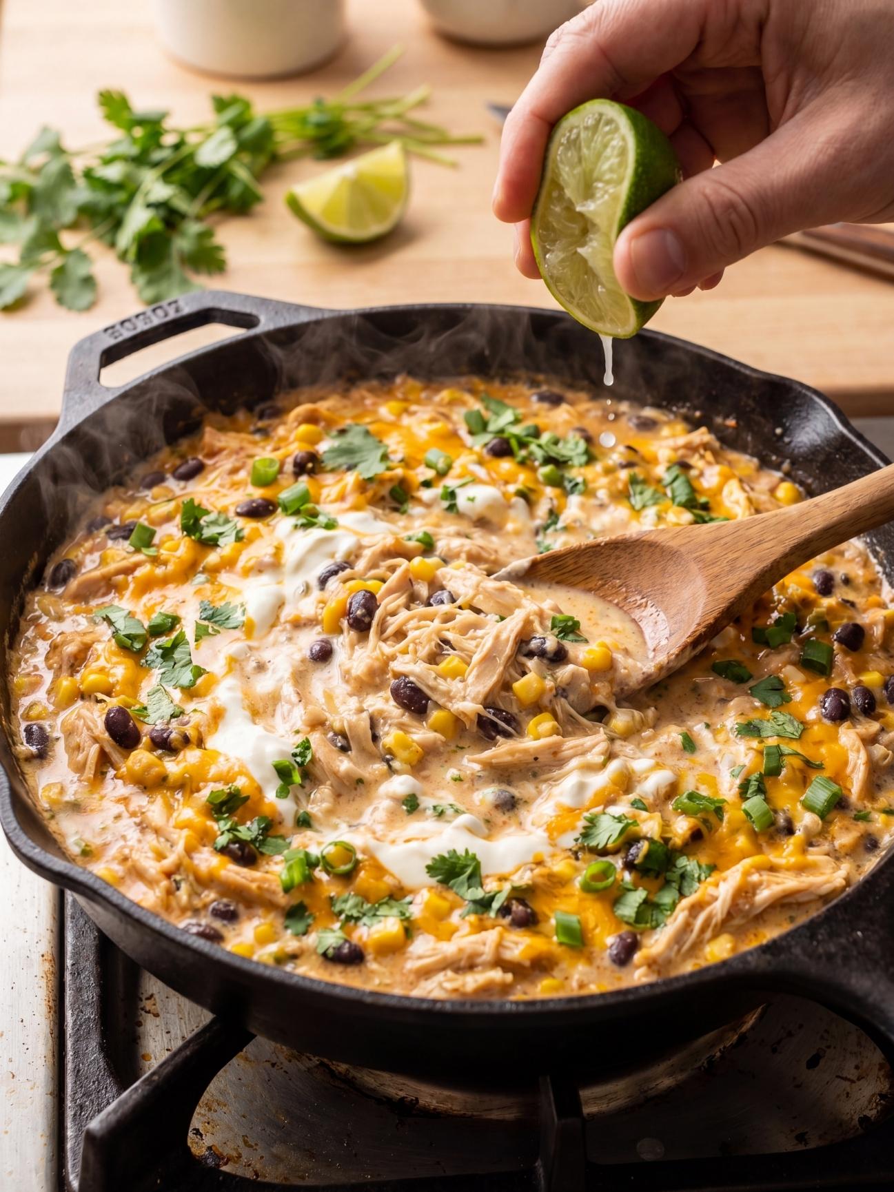 A hand squeezing fresh lime juice into a skillet filled with a creamy chicken, corn, and black bean wrap mixture.