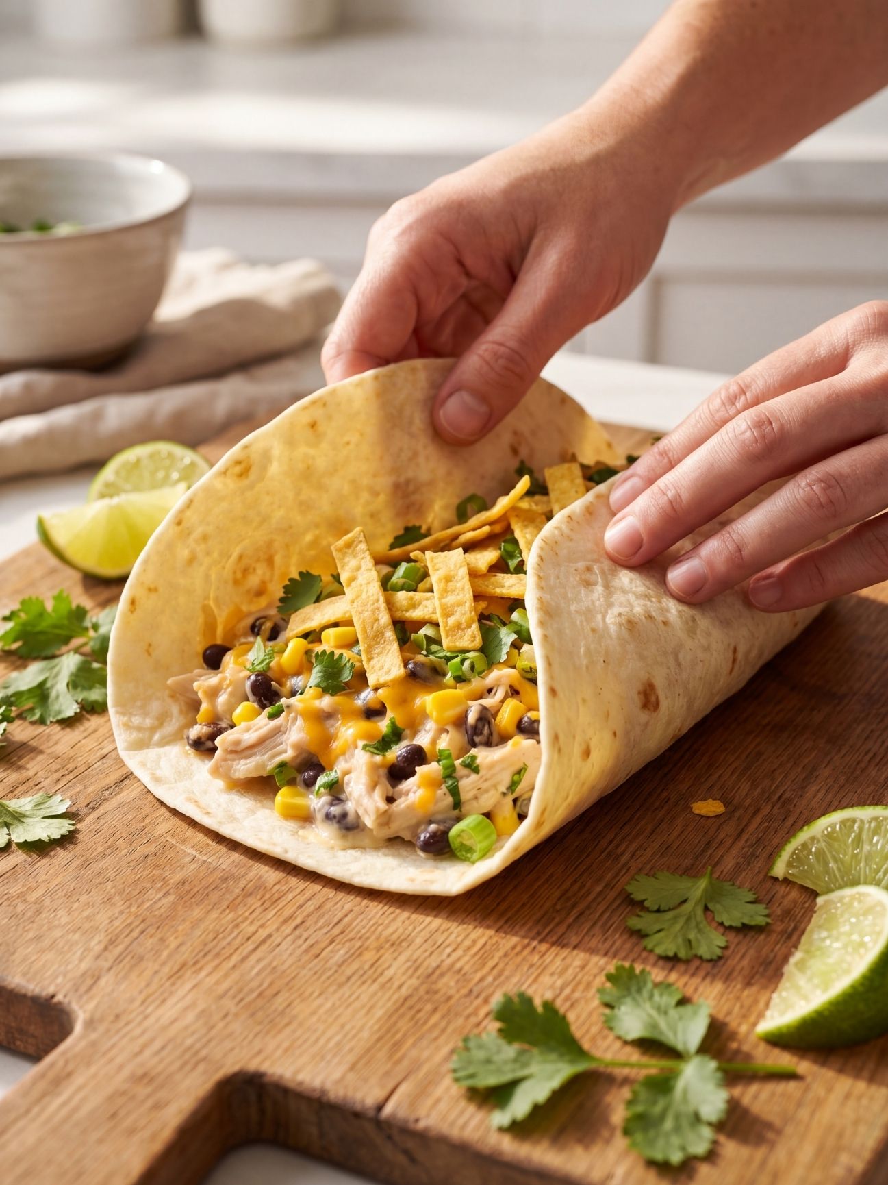 A person rolling a large flour tortilla filled with creamy chicken filling, black beans, corn, and crunchy tortilla strips on a cutting board.